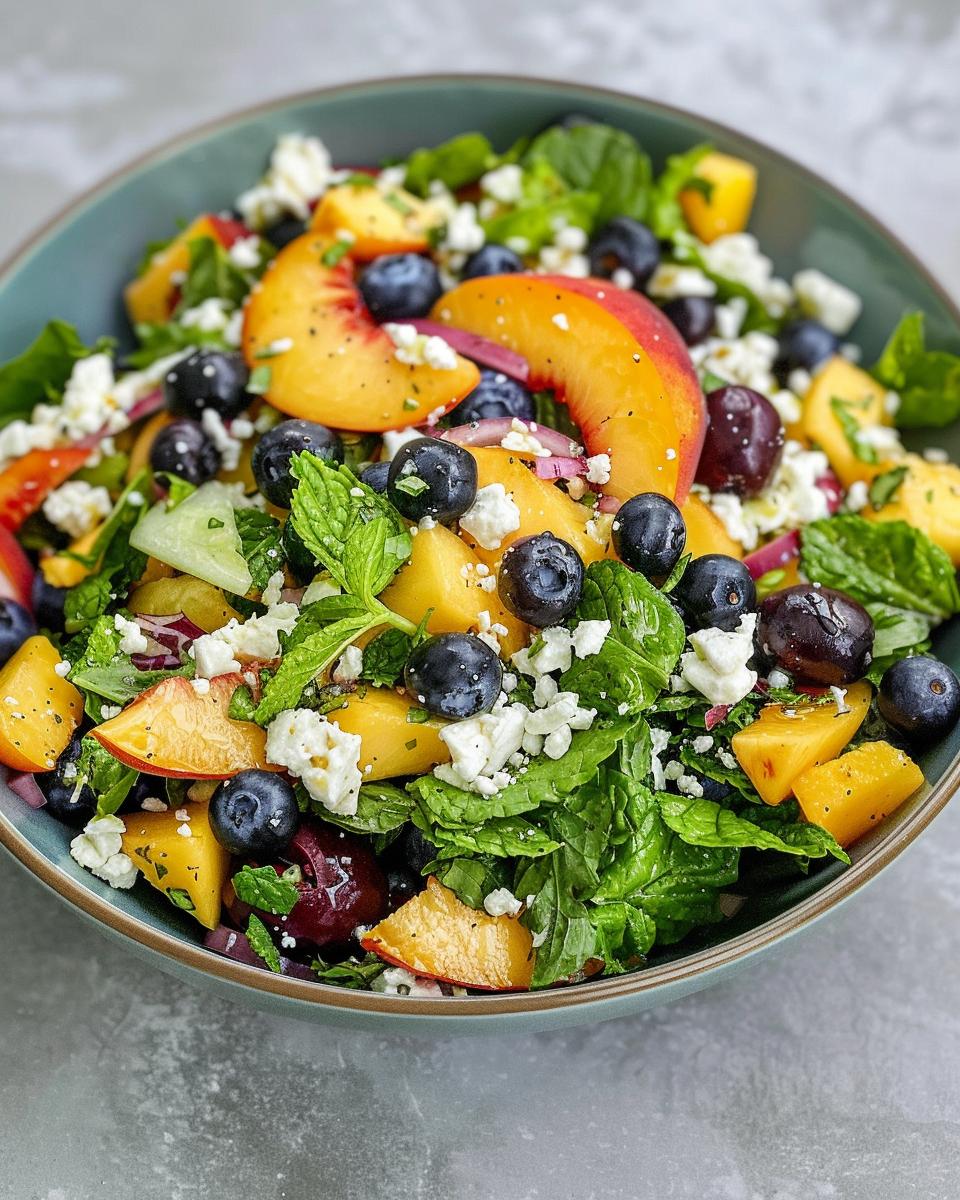 Ingredients for blueberry peach feta salad mixed in bowl