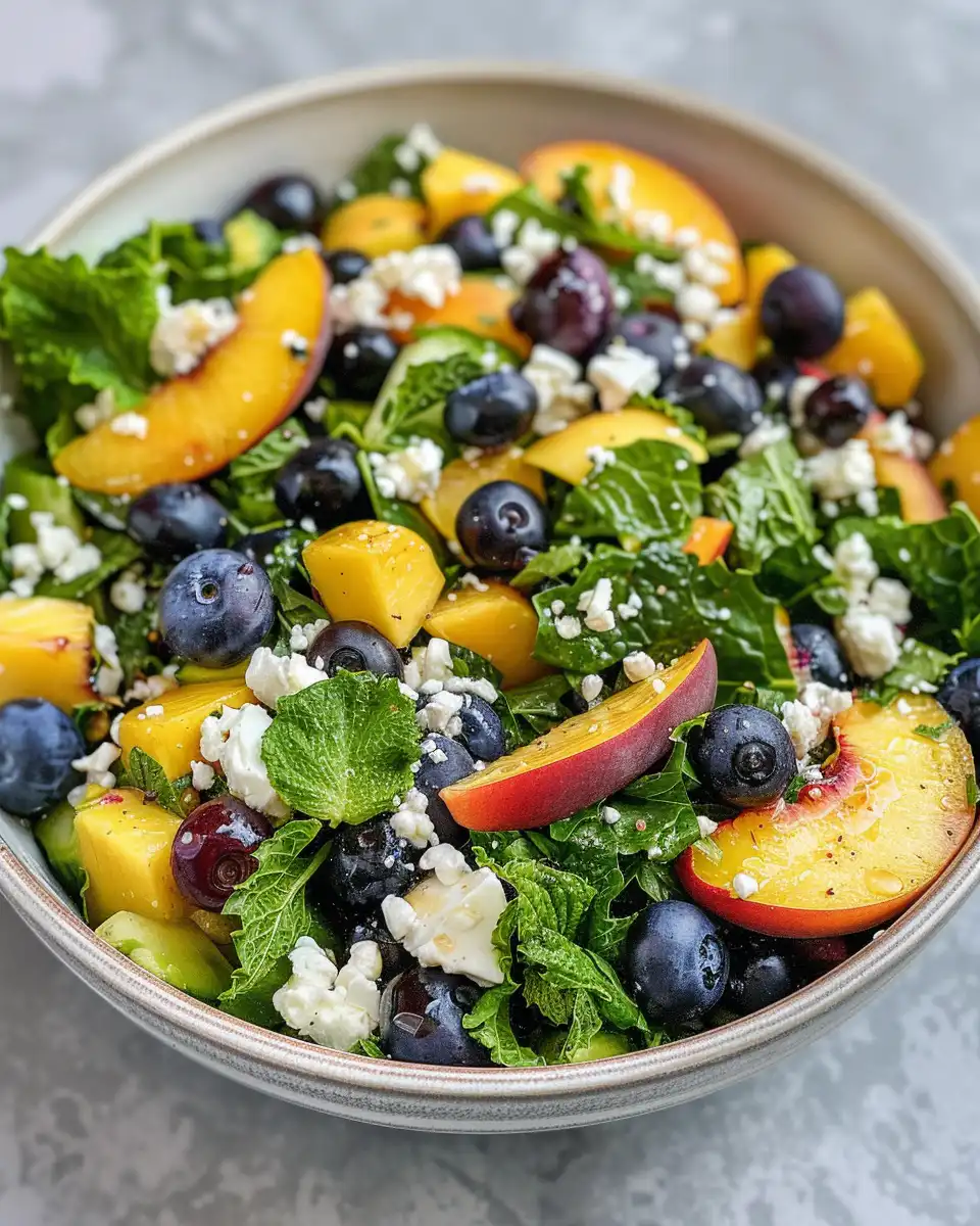 Blueberry peach feta salad served fresh in bowl