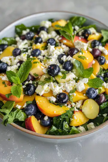 Blueberry Peach Feta Salad taken with iphone 15 pro max --iw 2 --ar 4:5 --v 6.0 --raw