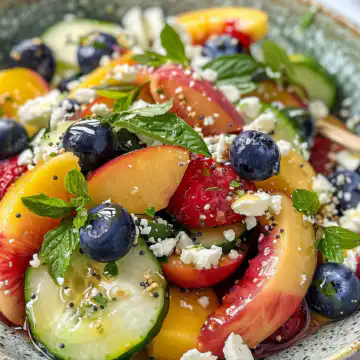 Blueberry Peach Feta Salad taken with iphone 15 pro max --iw 2 --ar 4:5 --v 6.0 --raw