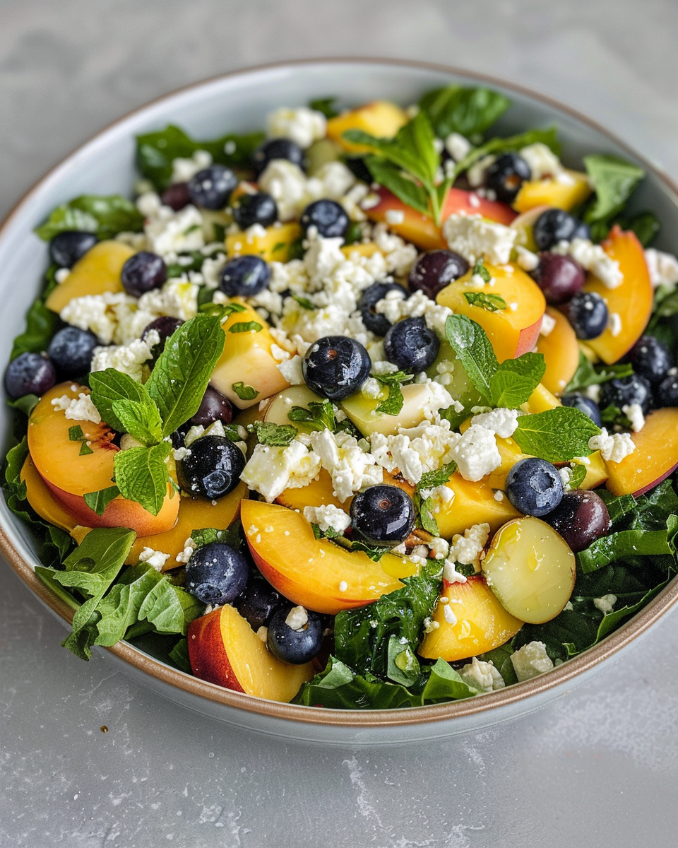 Fresh blueberry peach feta salad in a bowl