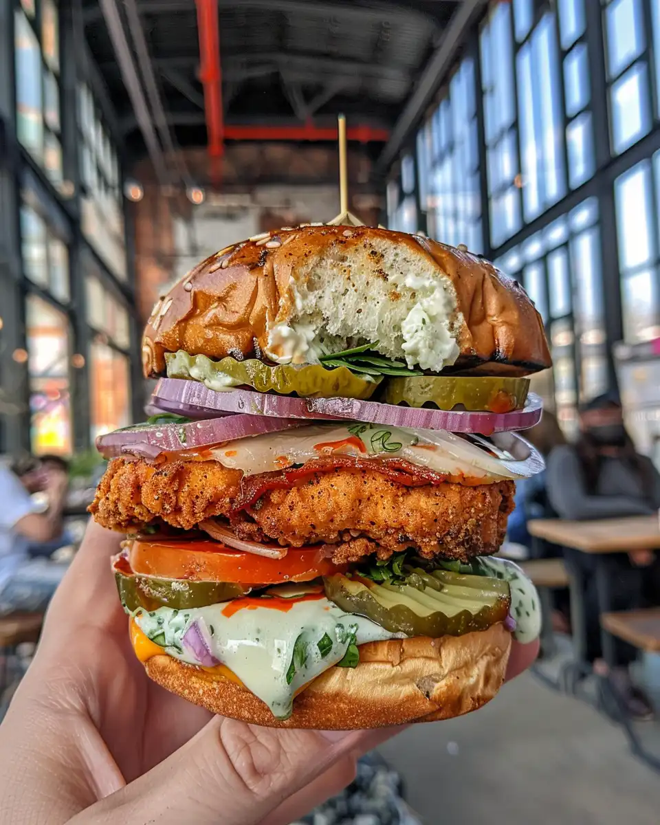 Ingredients and prep for chipotle chicken burger with crispy onion rings