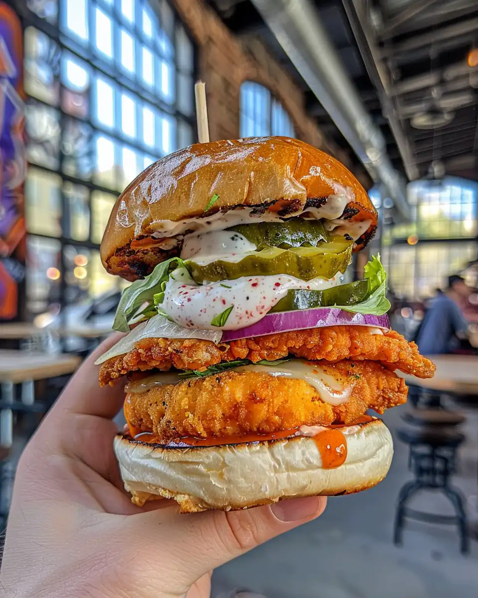 Final assembled chipotle chicken burger with crispy onion rings