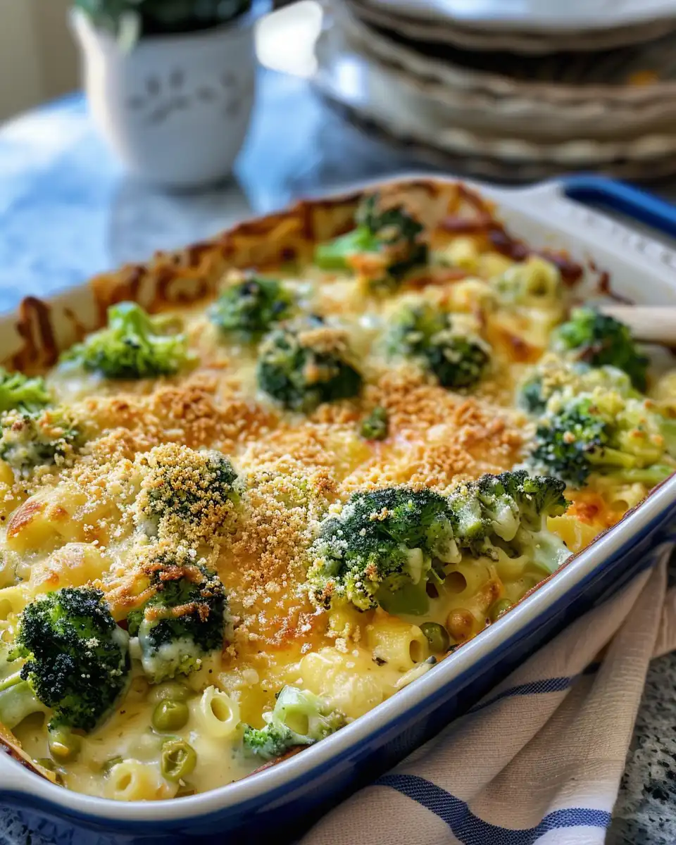 Golden broiled broccoli cheese casserole ready to serve