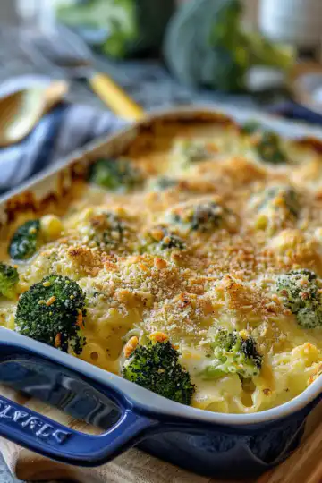 Broccoli Cheese Casserole taken with iphone 15 pro max --iw 2 --ar 4:5 --v 6.0 --raw