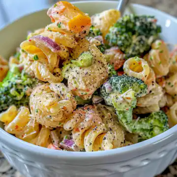 Broccoli Pasta Salad taken with iphone 15 pro max --iw 2 --ar 4:5 --v 6.0 --raw