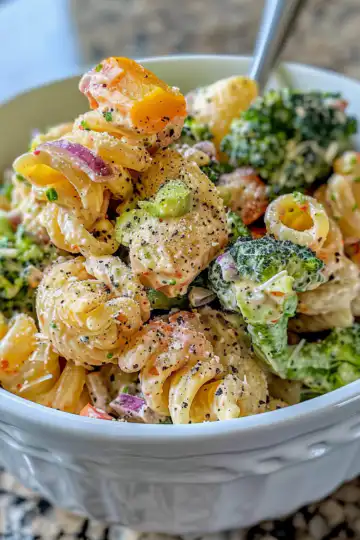 Broccoli Pasta Salad taken with iphone 15 pro max --iw 2 --ar 4:5 --v 6.0 --raw