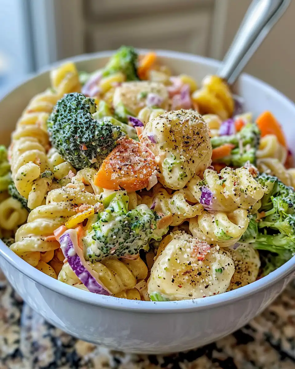 Ingredients laid out for broccoli pasta salad in bowl