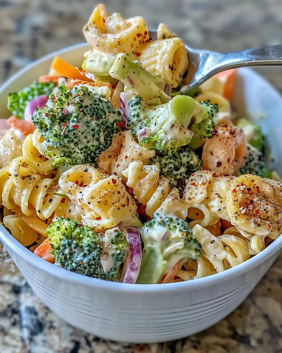 Served broccoli pasta salad in bowl ready to eat