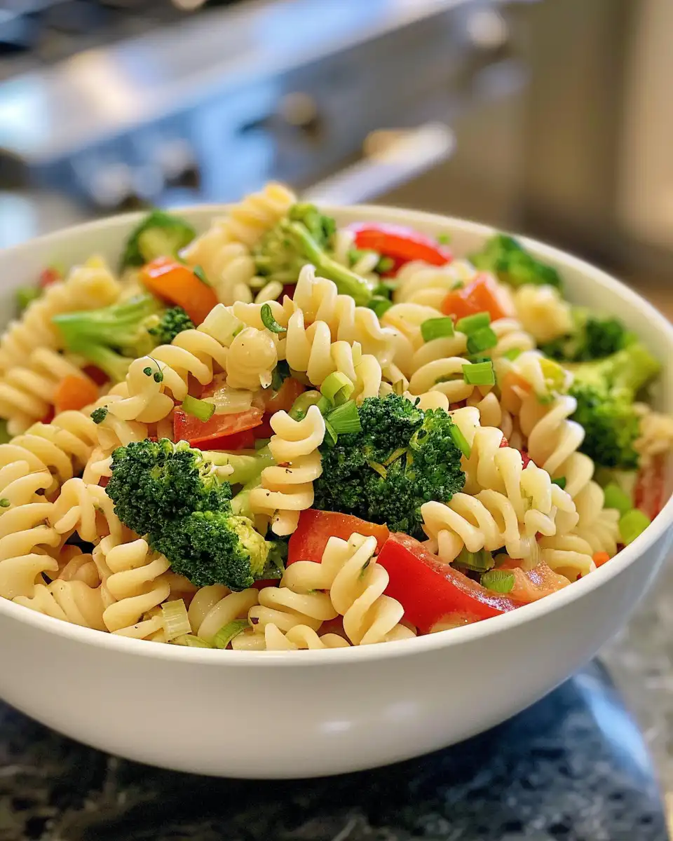 Broccoli pasta salad with cheddar cheese in a bowl