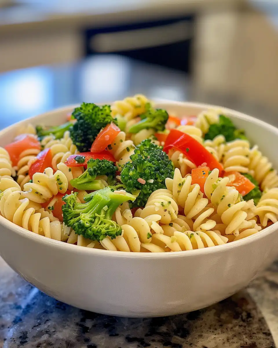 Ingredients for broccoli pasta salad in bowls
