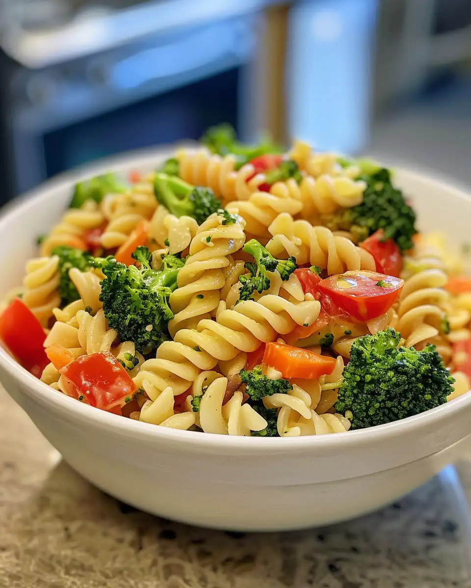 Close-up of cheddar melting in broccoli pasta salad