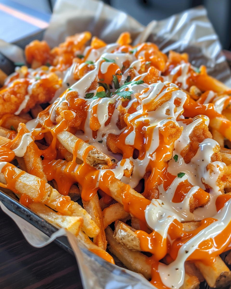 Ingredients laid out for buffalo chicken fries with fries, chicken bites, cheese and ranch