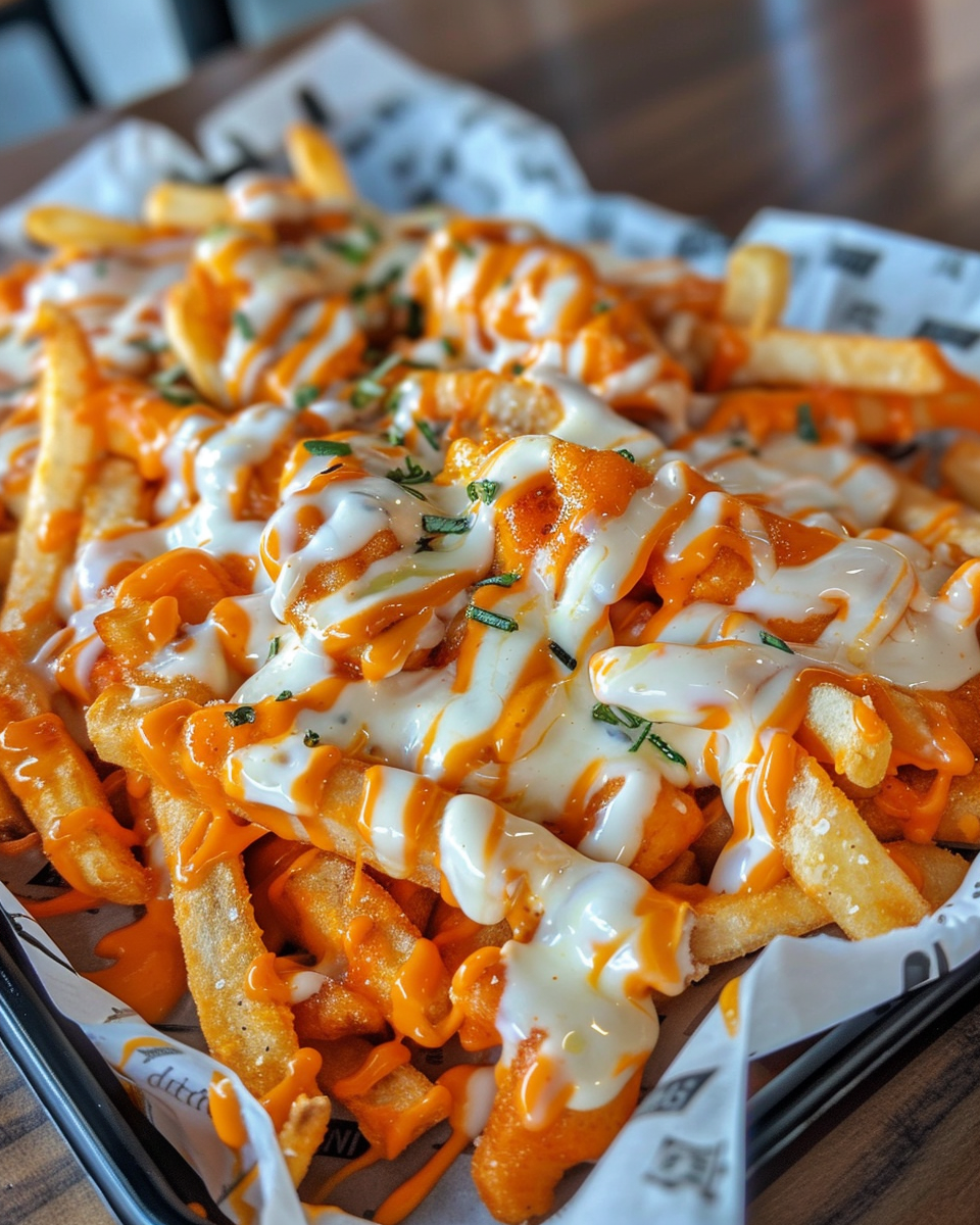 Freshly baked buffalo chicken fries with melted cheese and crispy texture