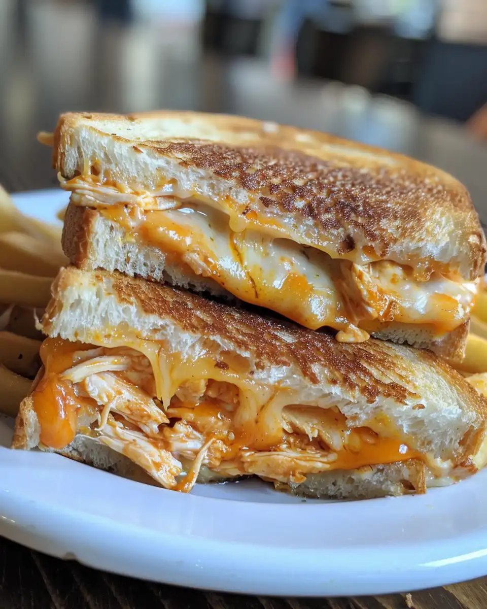 Buffalo Chicken Grilled Cheese sandwich sliced and ready to enjoy
