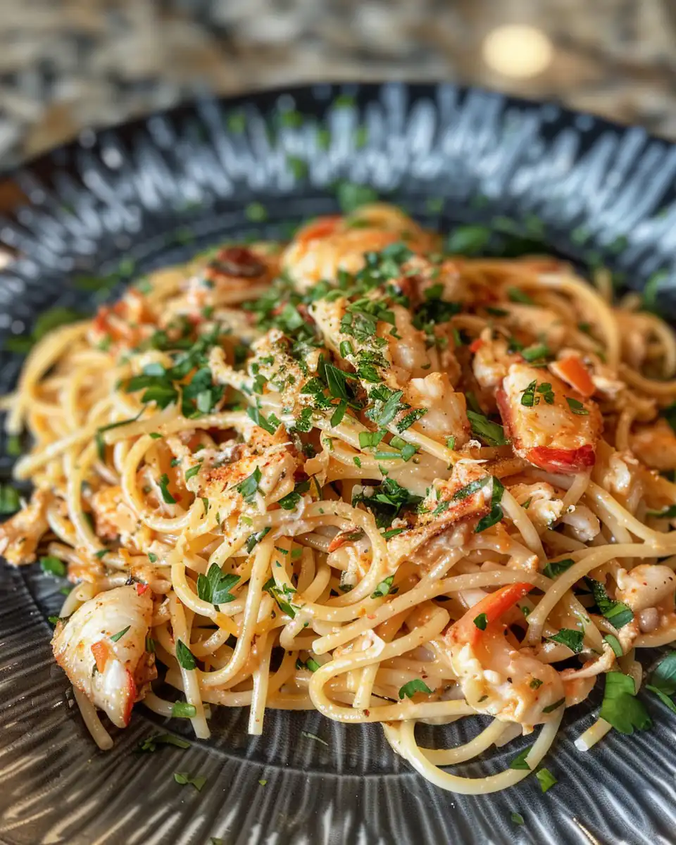 Plated Cajun crab leg pasta dish garnished with parsley and parmesan