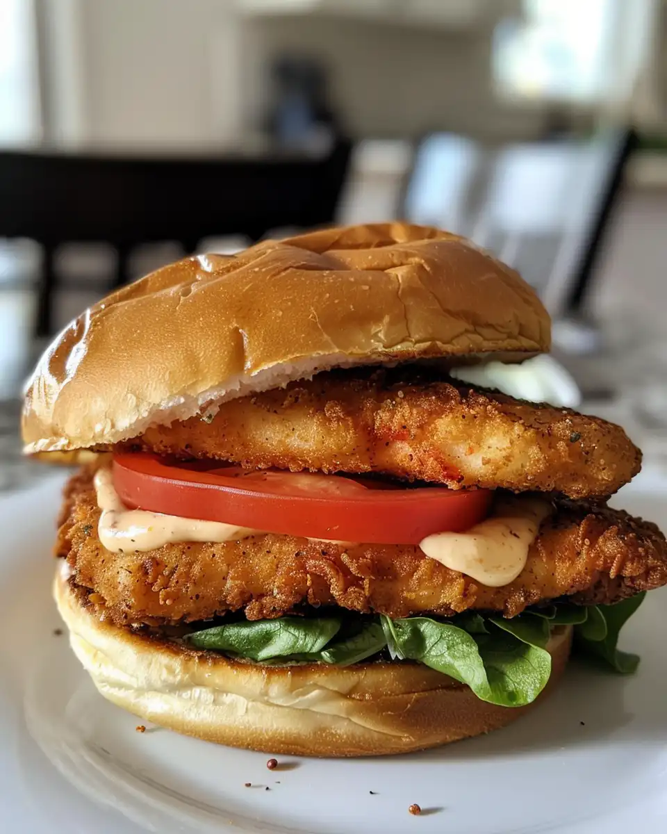 Serving of crispy chicken sandwich with Cajun aioli