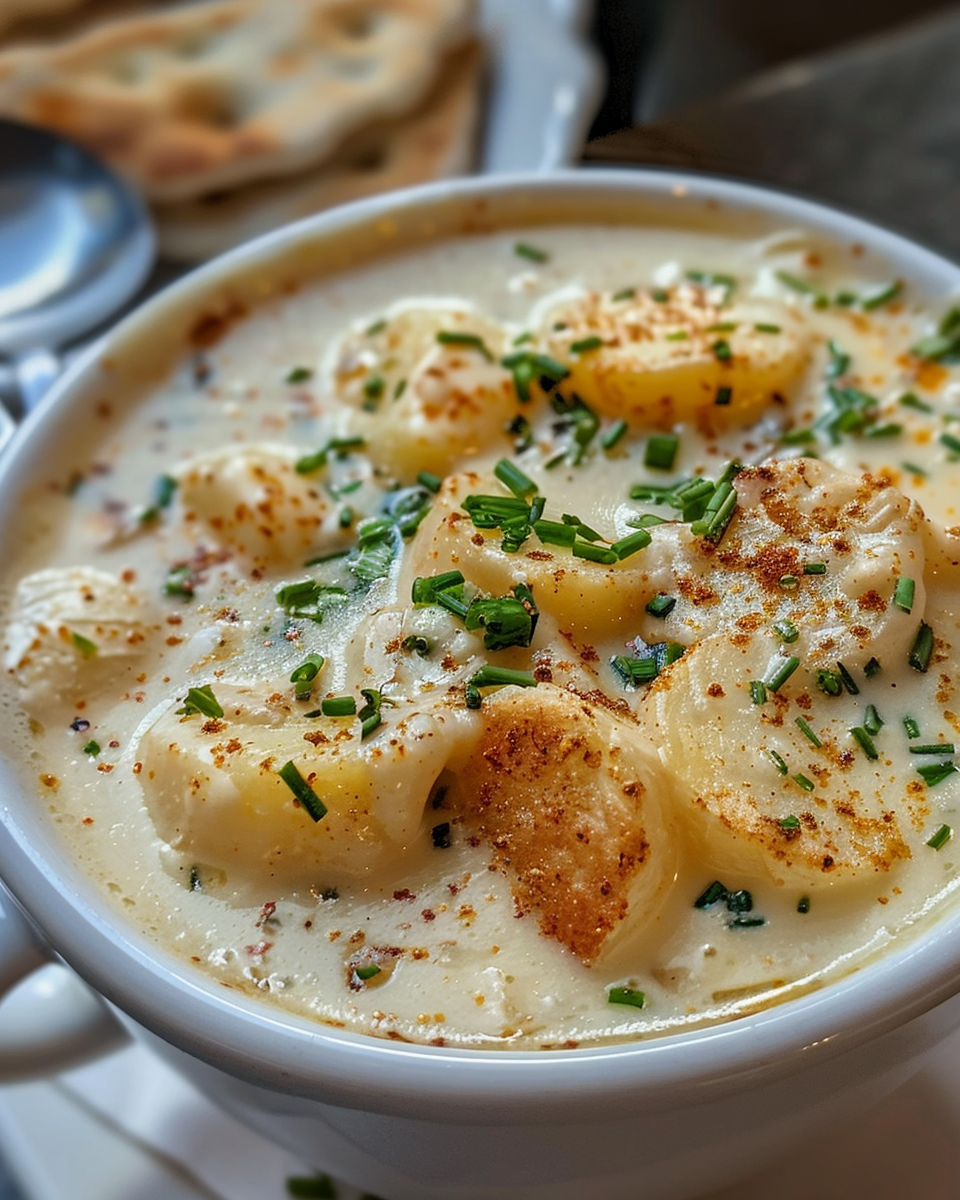 Finished cajun potato soup served in bowl with garnish