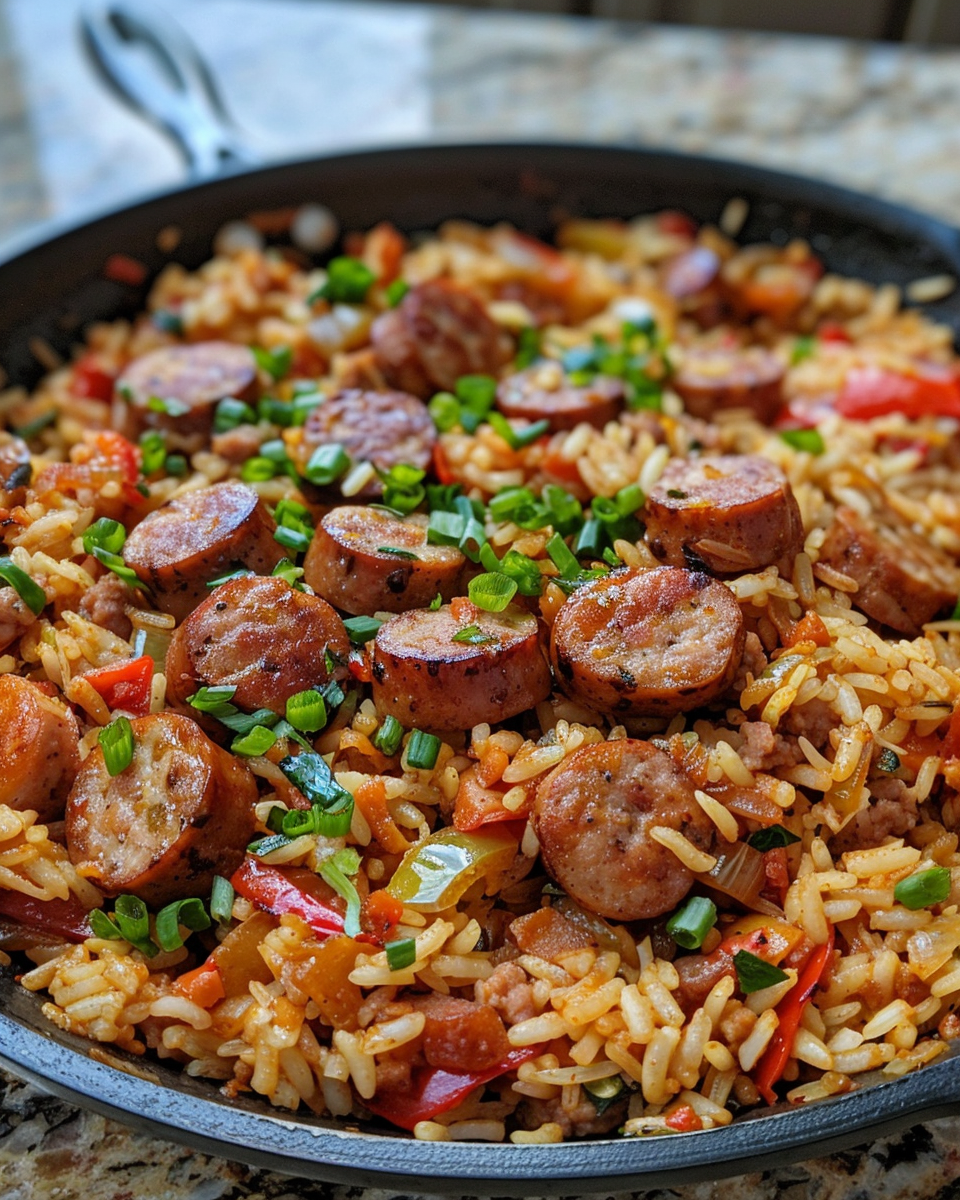 Ingredients for Cajun sausage and rice in pressure cooker skillet