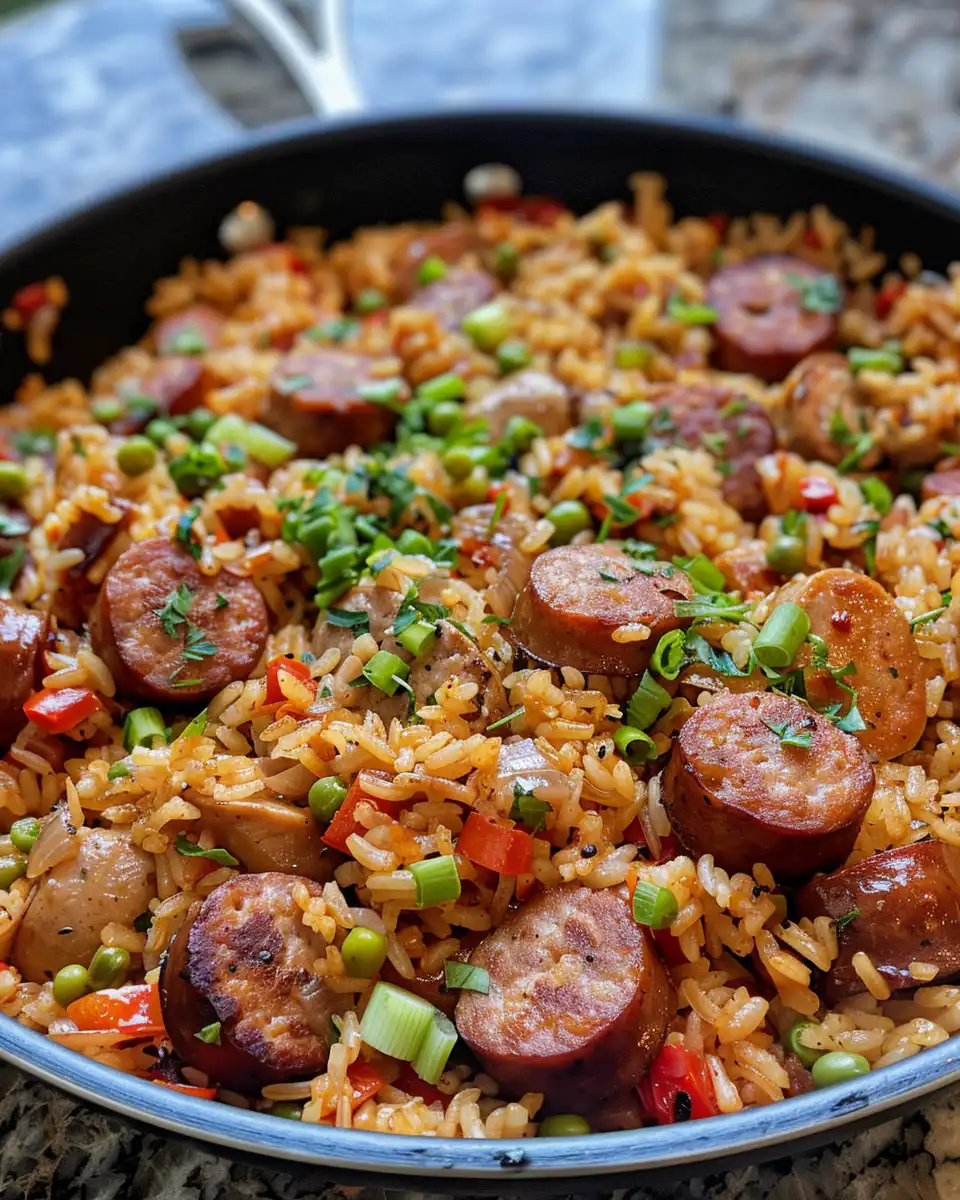 Plate of Cajun sausage and rice ready to serve