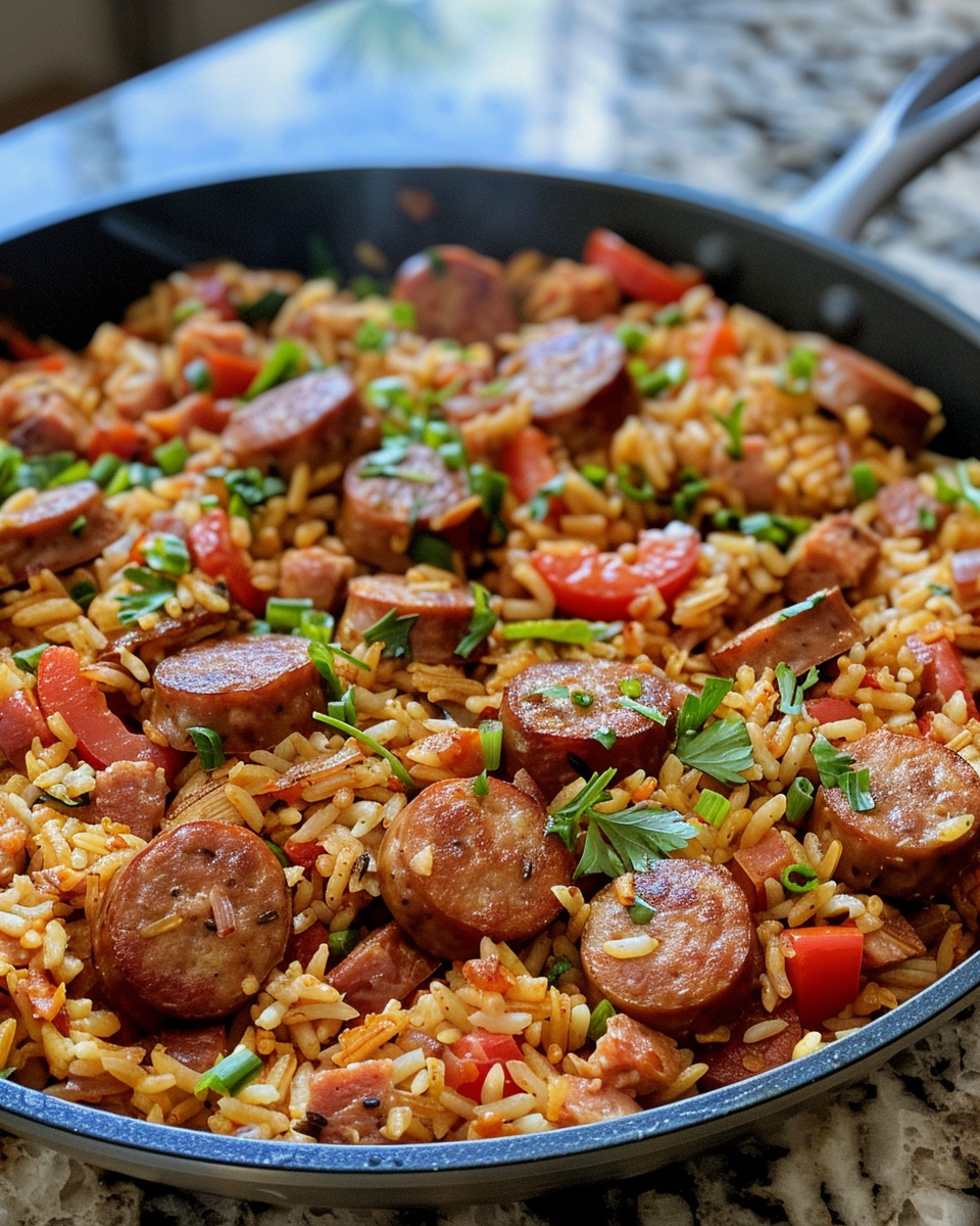 Pressure cooker with Cajun sausage and rice beginning aroma