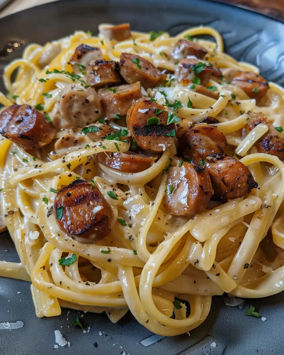 Ingredients for Cajun smoked sausage Alfredo including fettuccine, sausage, bell pepper, and spices
