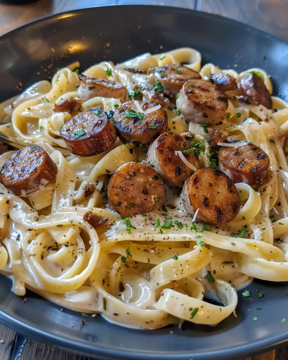 Finished Cajun smoked sausage Alfredo pasta served hot with parsley garnish