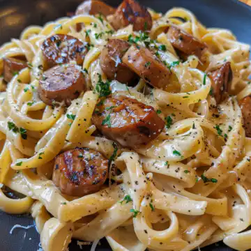 Cajun Smoked Sausage Alfredo Pasta taken with iphone 15 pro max --iw 2 --ar 4:5 --v 6.0 --raw