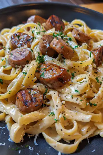 Cajun Smoked Sausage Alfredo Pasta taken with iphone 15 pro max --iw 2 --ar 4:5 --v 6.0 --raw