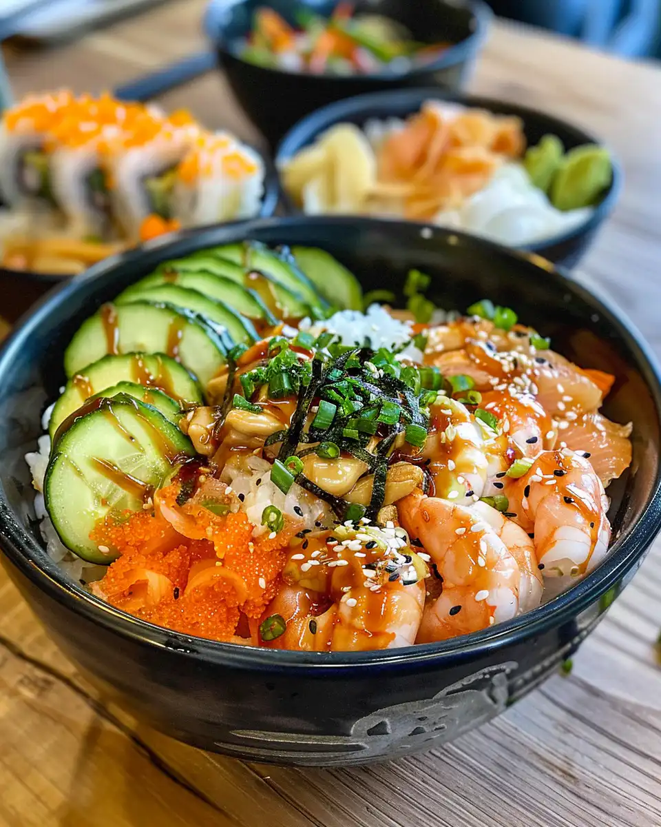Ingredients for California Roll Bowls laid out, including rice, avocado, nori, and crab meat