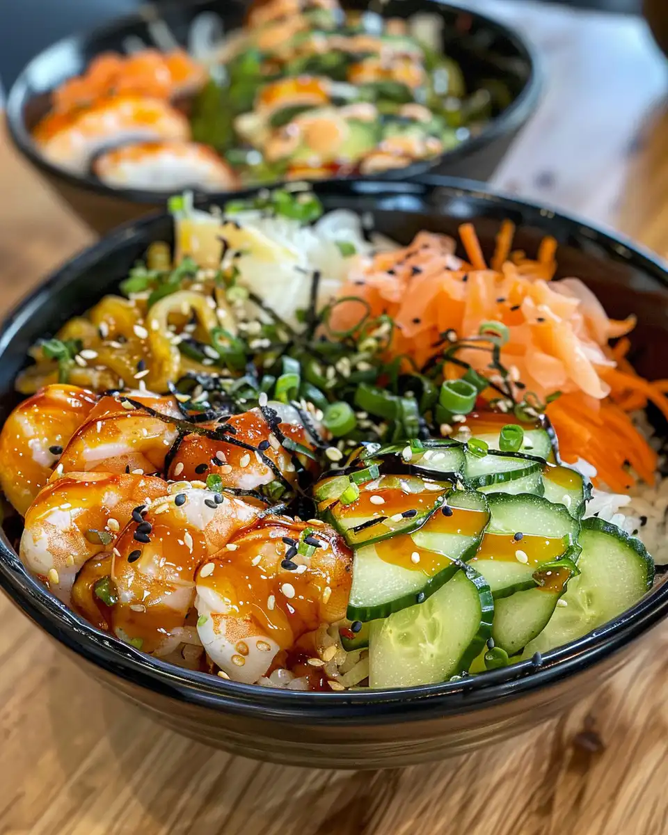 Finished scrumptious California Roll Bowls served and ready to eat with colorful toppings