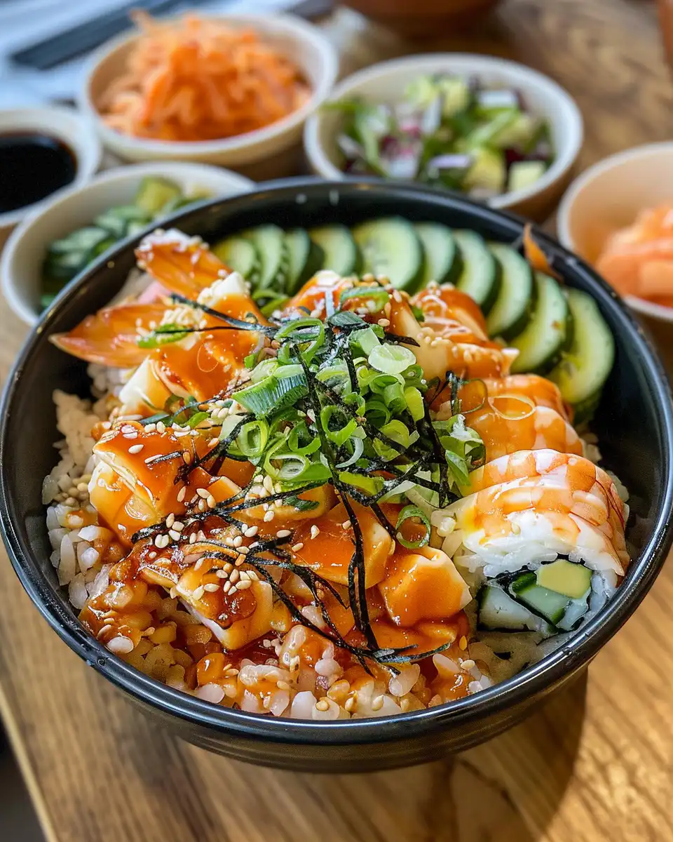 Pressure cooker California Roll Bowls freshly prepared in serving bowls with avocado and cucumber