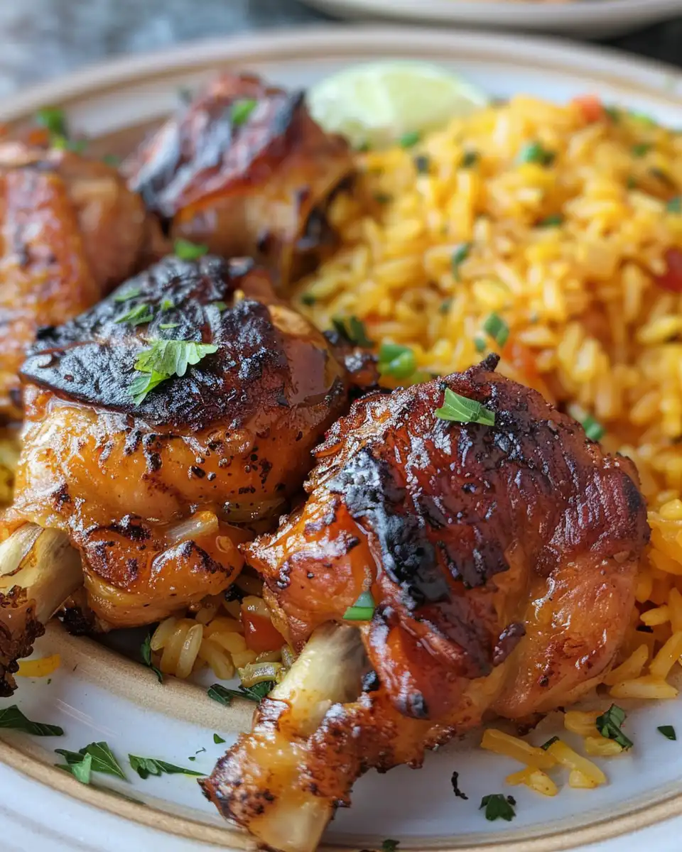 Caribbean jerk chicken resting on cooked rice and beans