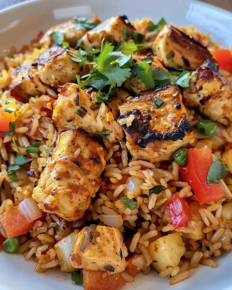 Steaming pressure cooker with Caribbean chicken and rice meal inside