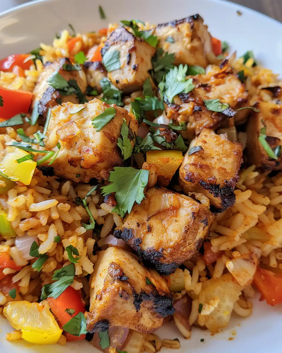 Finished Caribbean chicken and rice served in a bowl, ready to eat