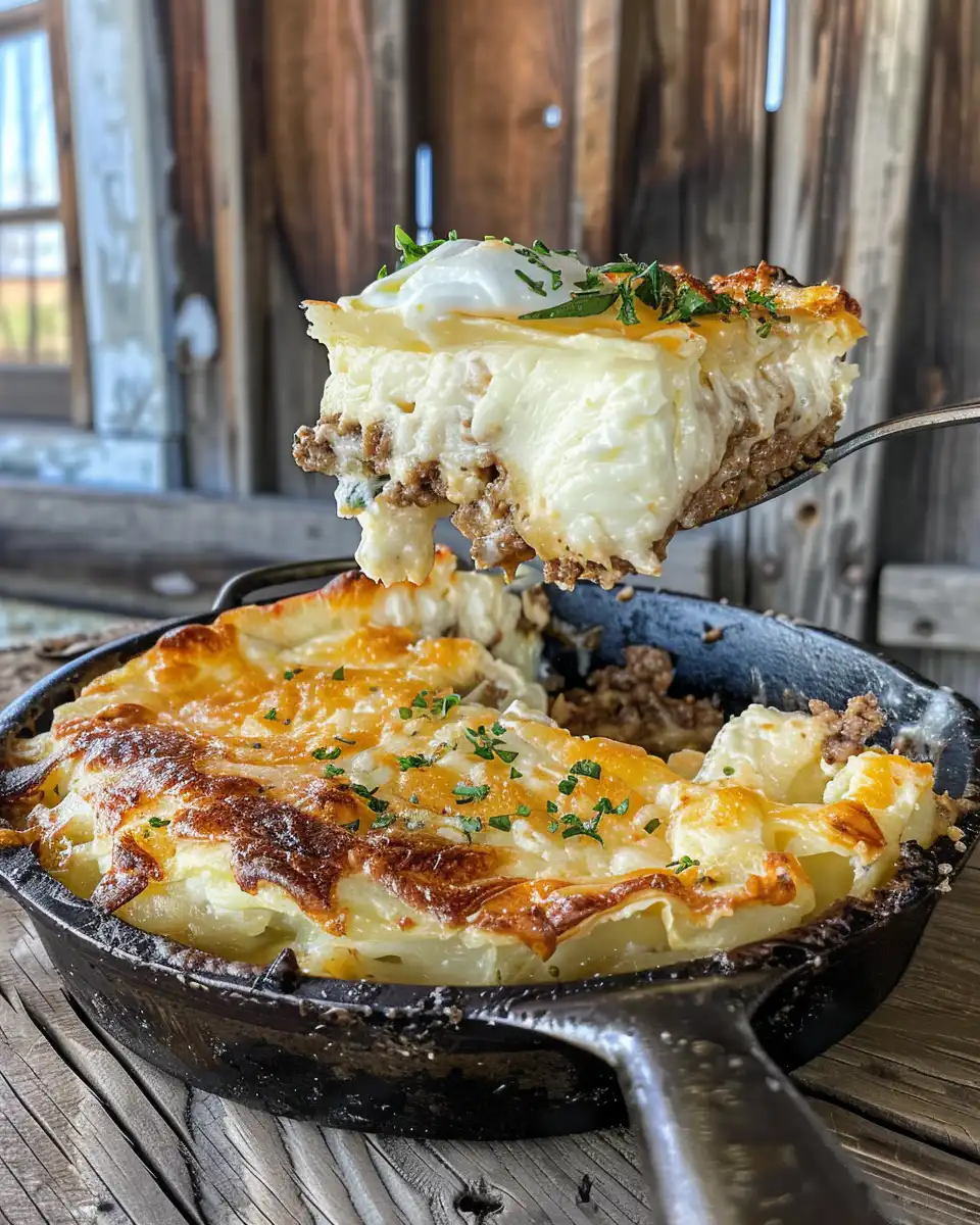 Baked casserole with golden biscuit topping and melted cheese