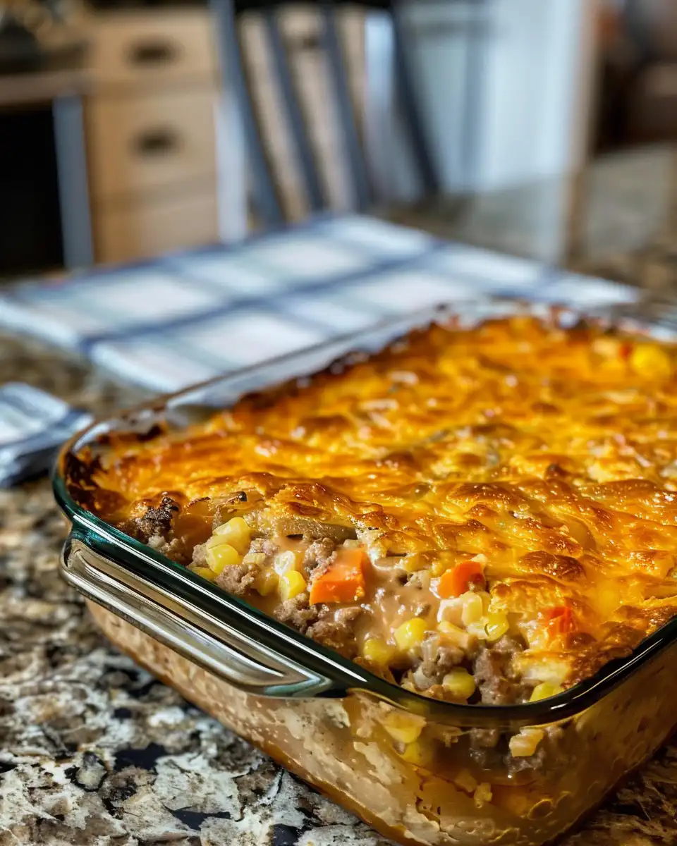 Slice of finished beef casserole with golden biscuit topping on plate