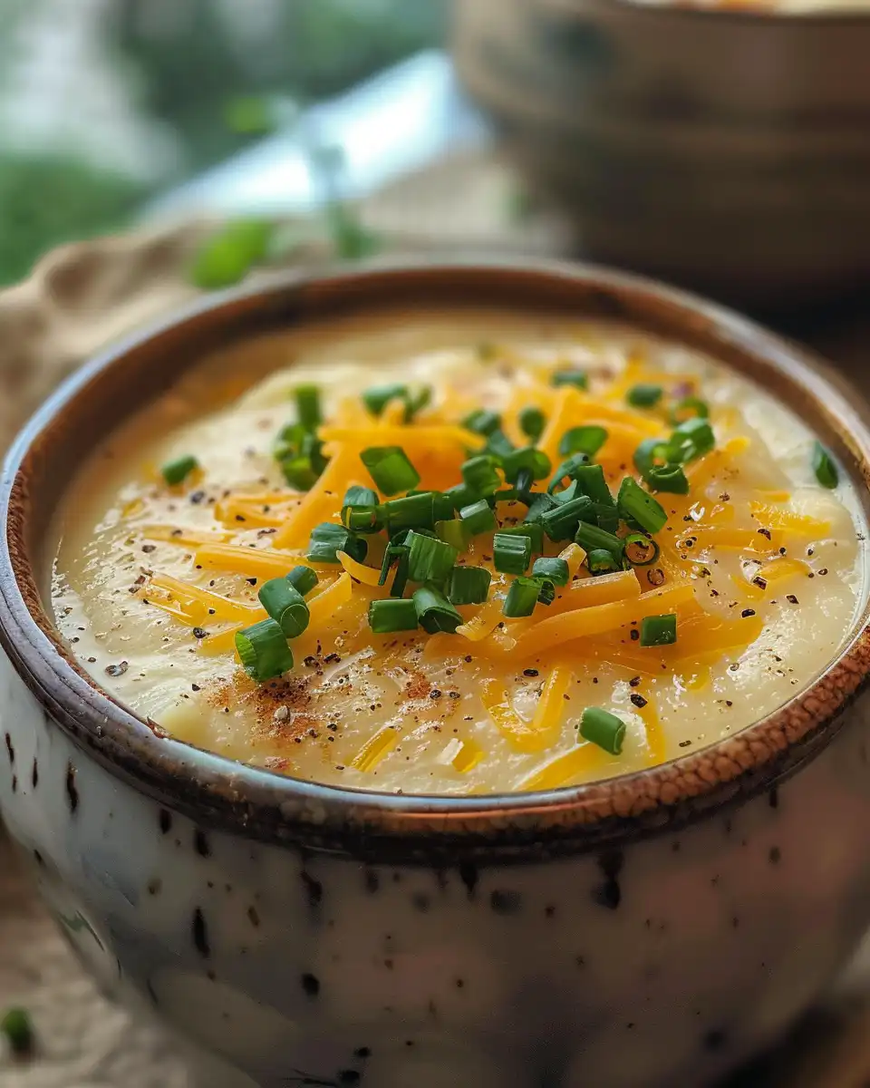 Creamy cheddar potato soup served with toppings including cheese and bacon
