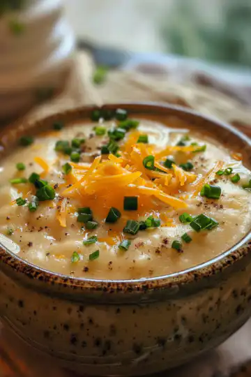 Cheddar Potato Soup taken with iphone 15 pro max --iw 2 --ar 4:5 --v 6.0 --raw