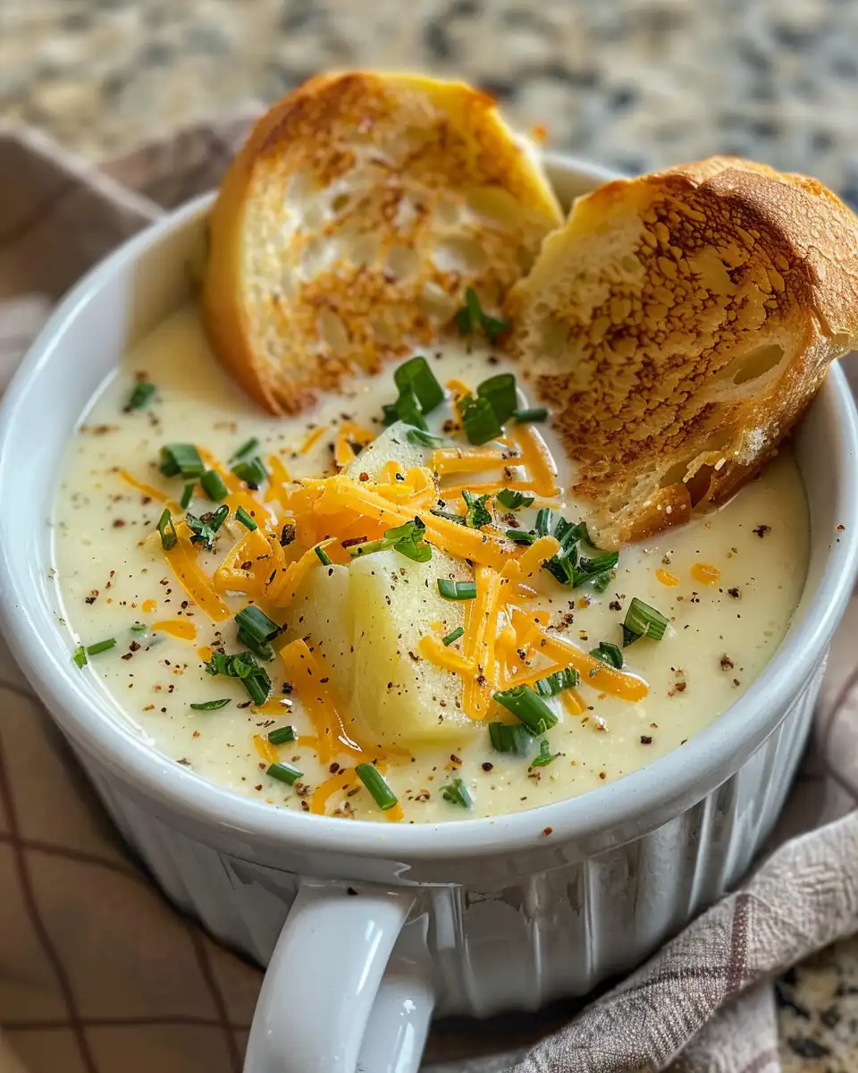 Creamy cheddar potato soup bubbling with crispy bacon bits in a pot