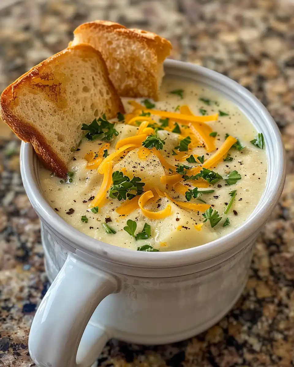 Finished bowl of creamy cheddar potato soup with toppings served