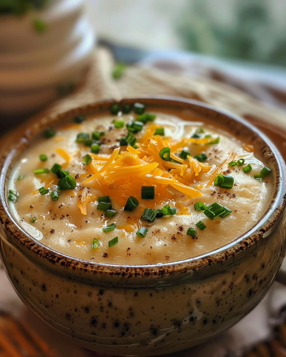 Close-up of creamy cheddar potato soup cooking in pressure cooker