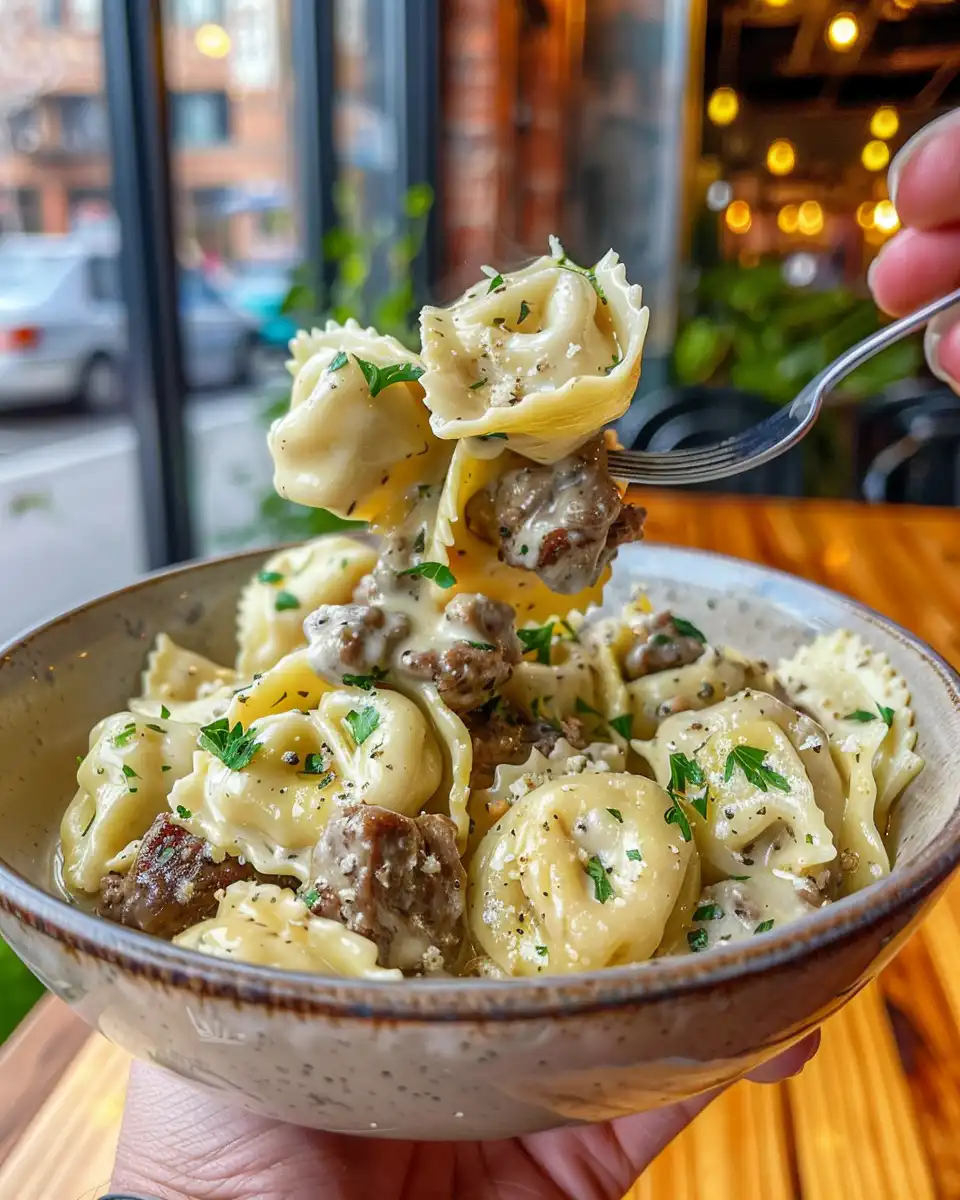 Creamy tortellini with melted provolone and beef