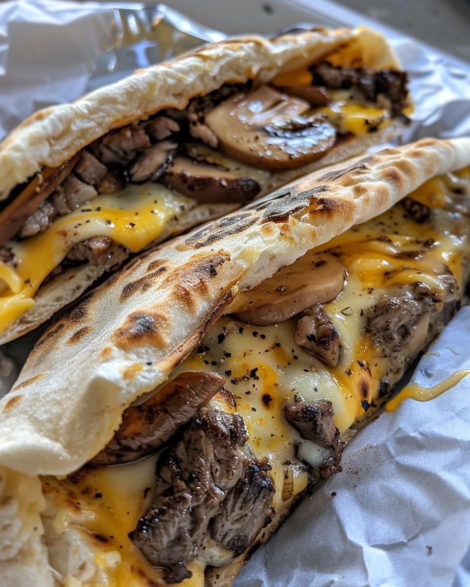 Ingredients for cheesy beef and mushroom pita pockets arranged