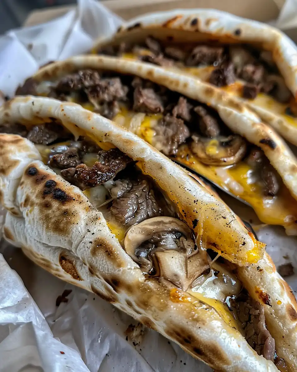 Finished cheesy beef and mushroom pita pockets served warm
