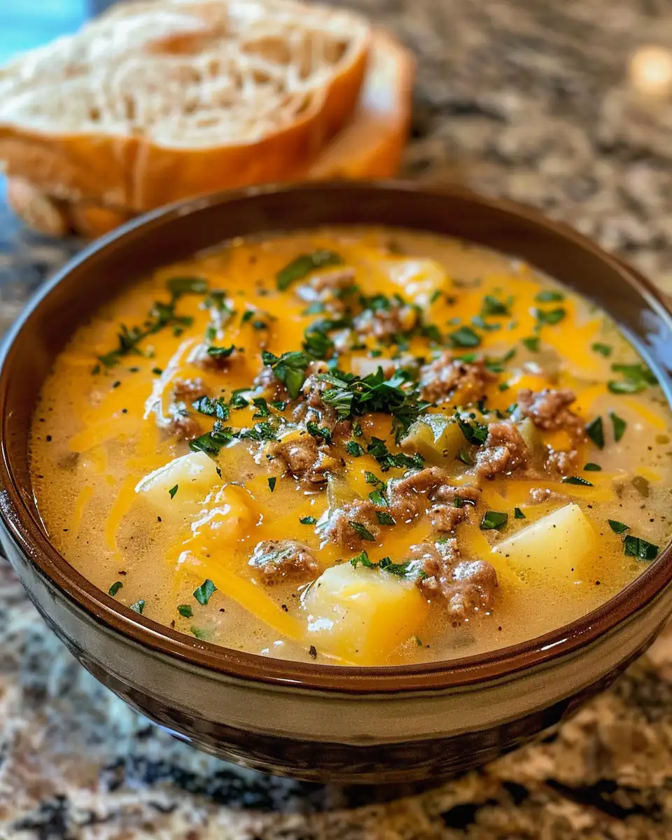 Bowl of cheesy beef and potato soup ready to serve