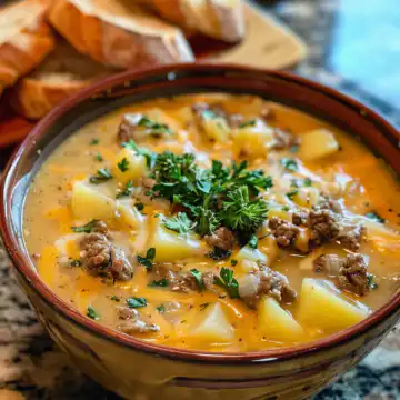 Cheesy Beef and Potato Soup taken with iphone 15 pro max --iw 2 --ar 4:5 --v 6.0 --raw