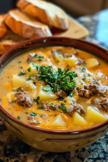 Cheesy Beef and Potato Soup taken with iphone 15 pro max --iw 2 --ar 4:5 --v 6.0 --raw