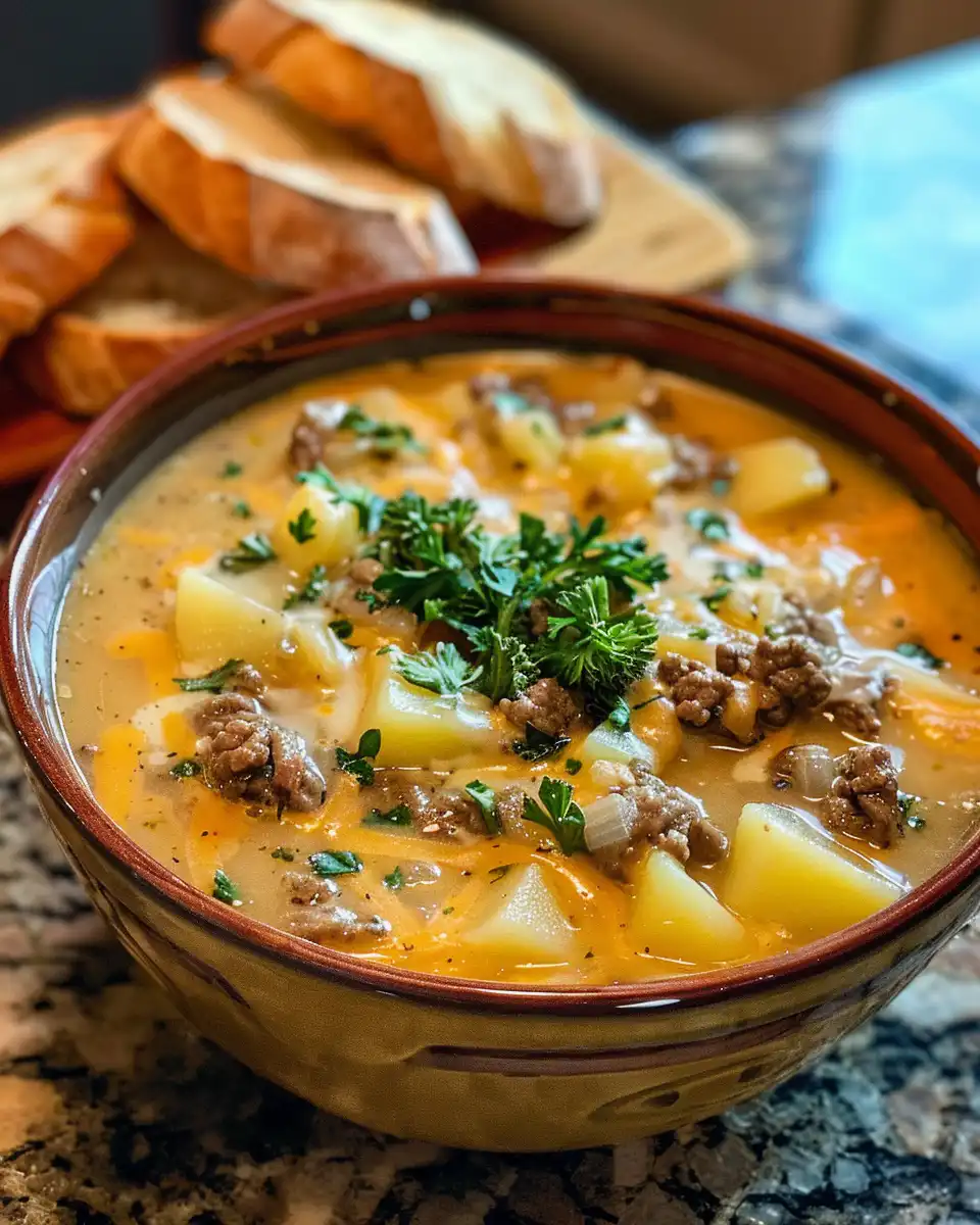 Close-up of cheesy beef and potato soup bubbling in pressure cooker