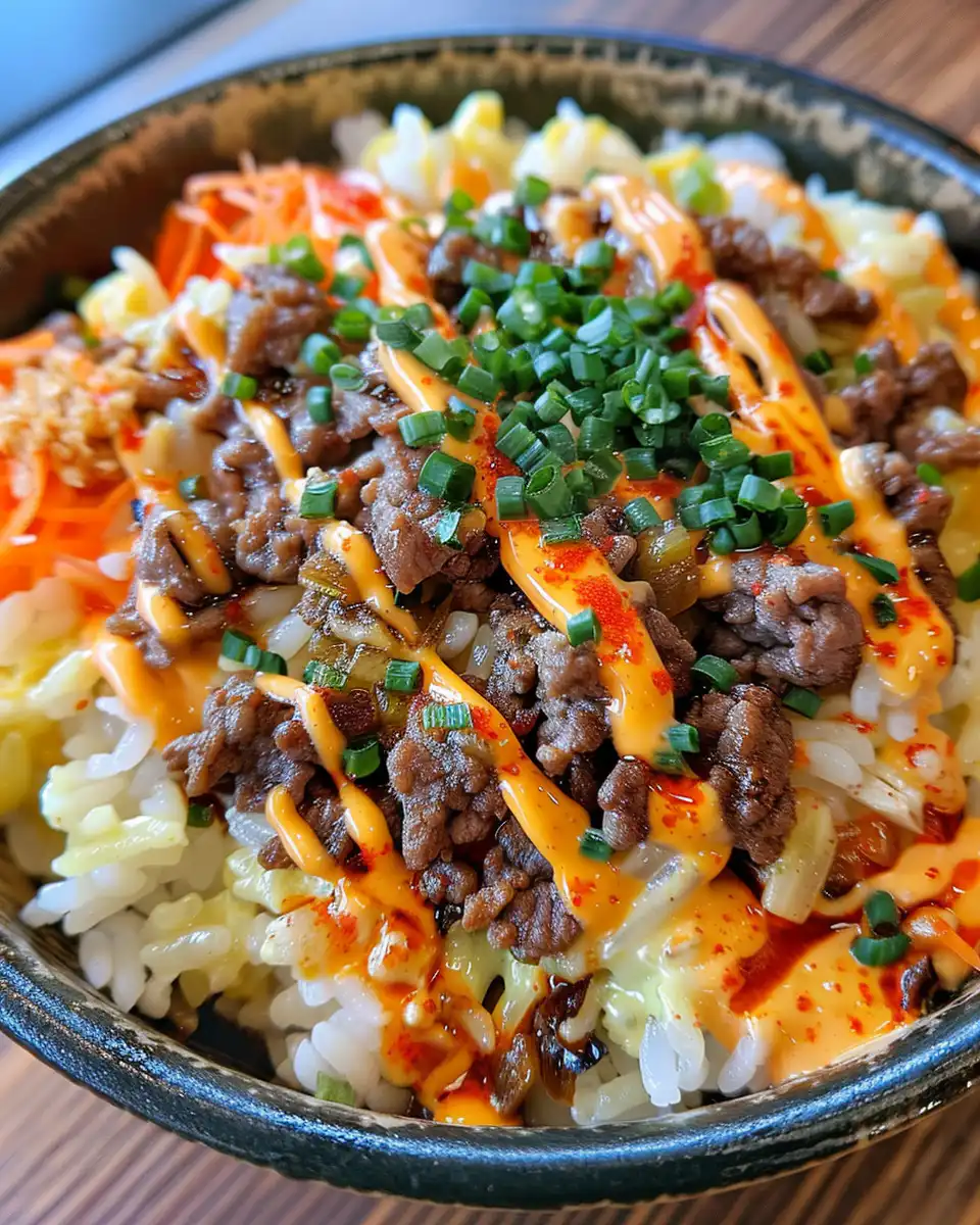 Ingredients including cream of mushroom soup, rice, carrots, ground beef and garlic prepared for pressure cooker rice casserole